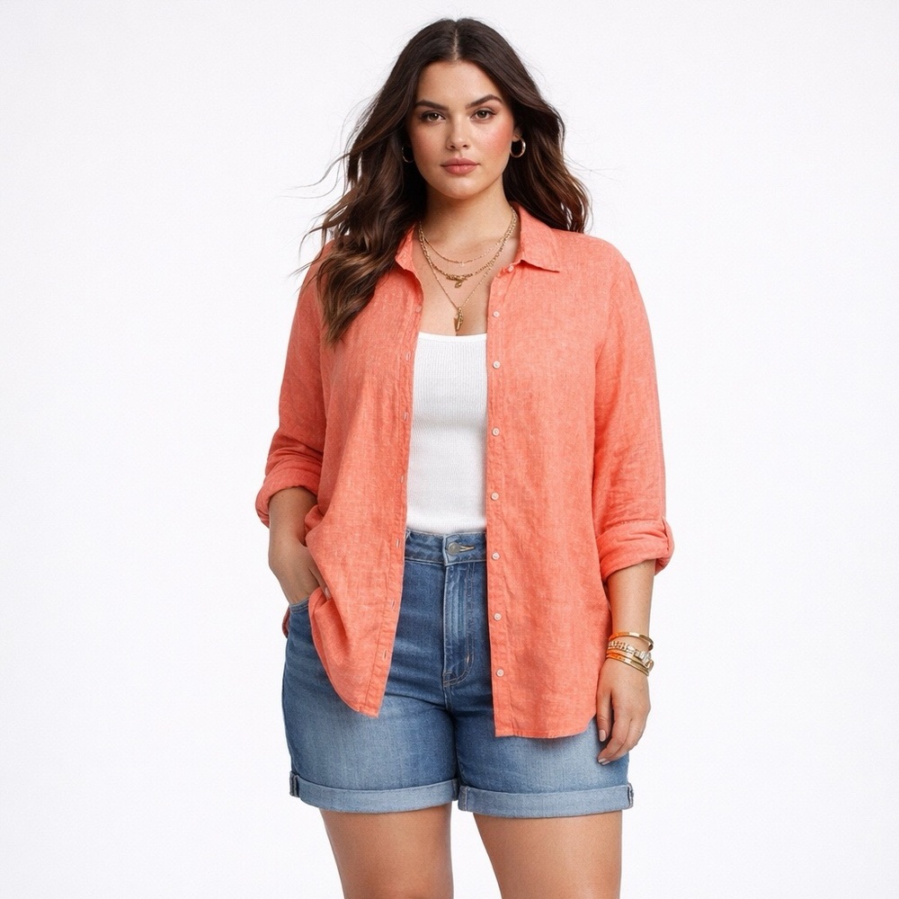 Talbots Orange Linen Button Shirt 2X Minimalist Business Casual Long Sleeve